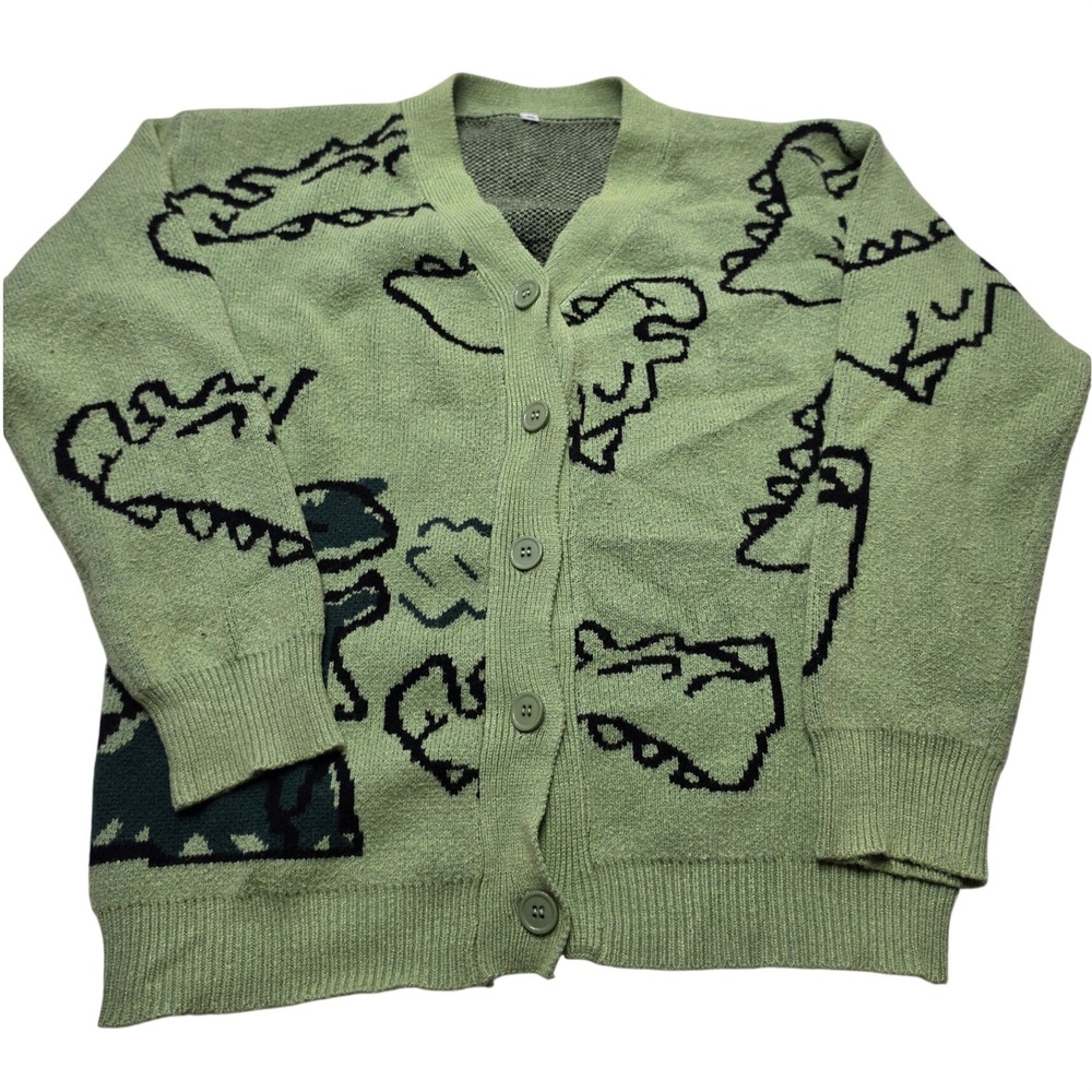 Unbranded Green Dinosaur Print Cardigan Sweater V-Neck Button Front Size Medium